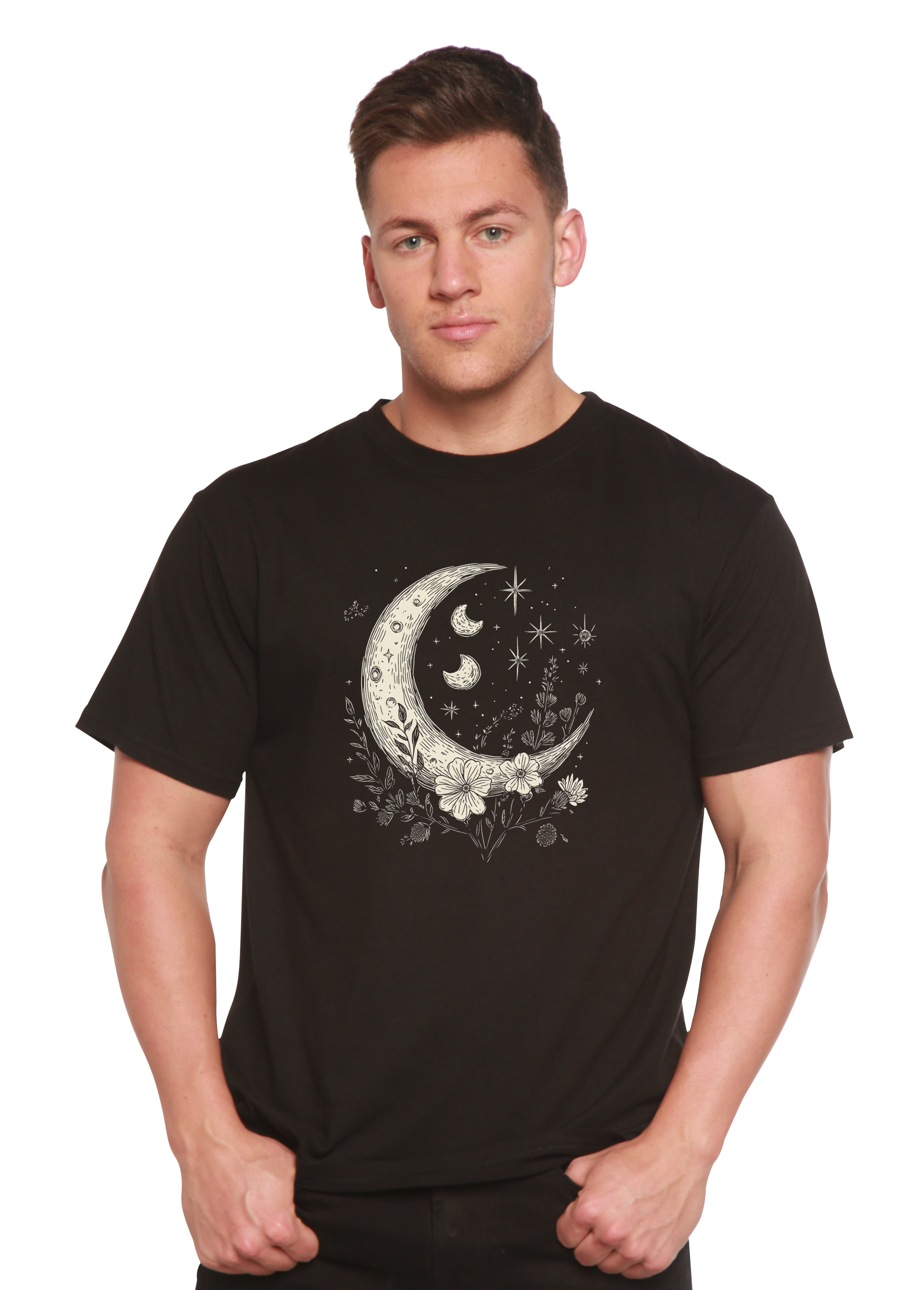 Camiseta gráfica unisex vintage de bambú/algodón con flores bohemias de lunas y estrellas