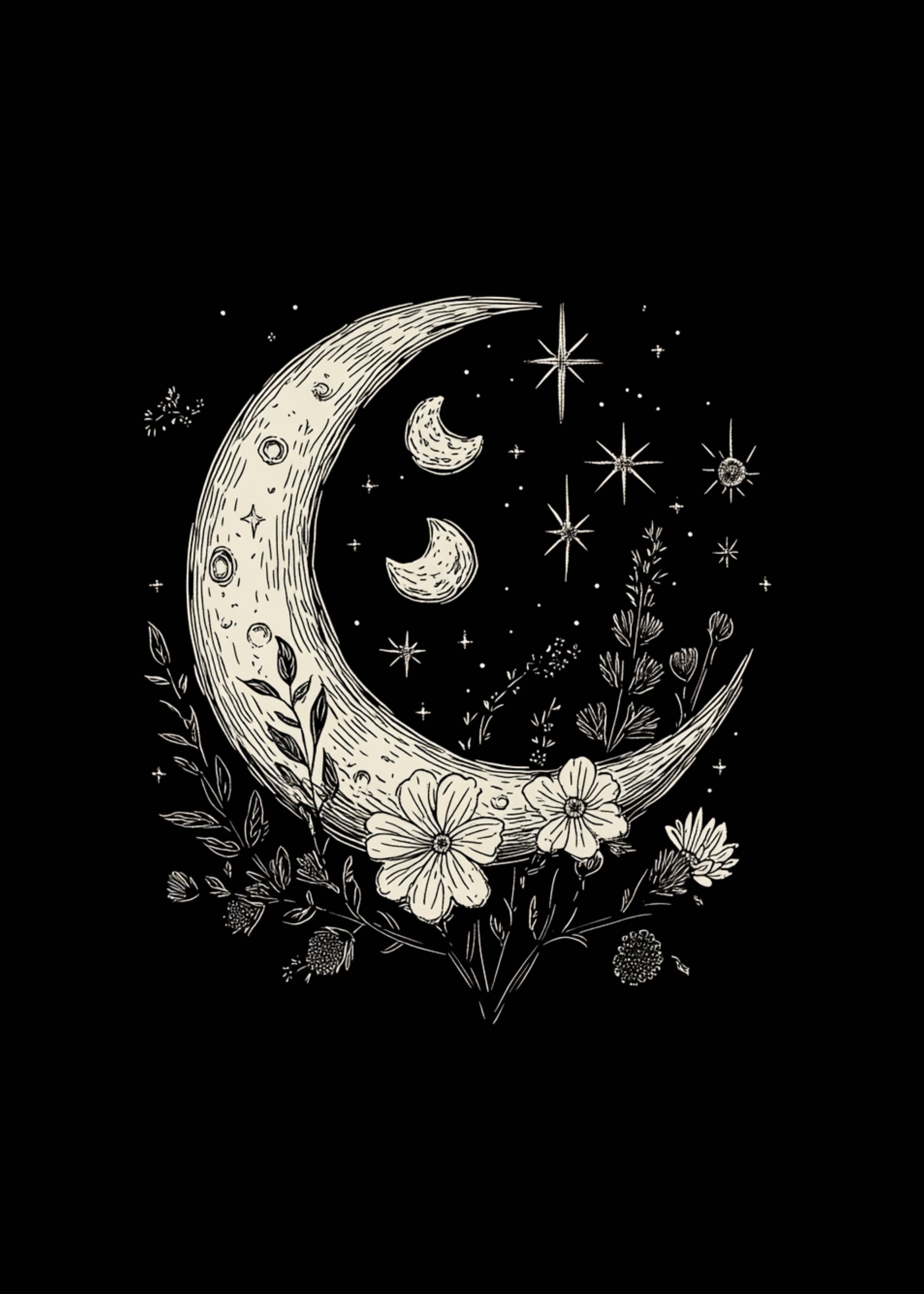 Camiseta gráfica unisex vintage de bambú/algodón con flores bohemias de lunas y estrellas