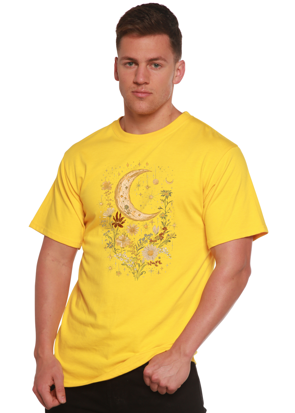 Camiseta gráfica unisex vintage de bambú/algodón con flores bohemias de luna celestial