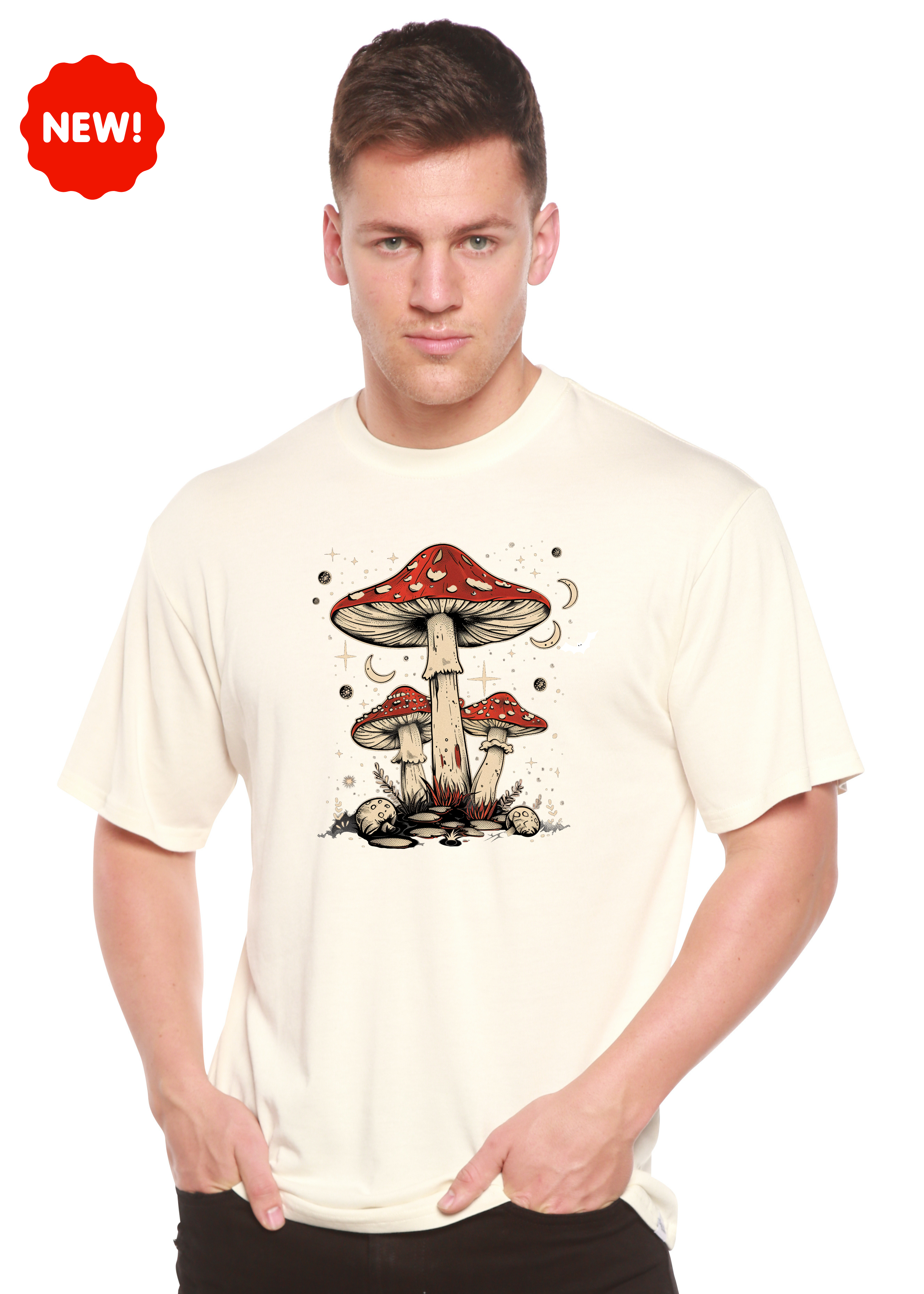 Camiseta gráfica unisex de bambú/algodón "Boho Retro Hippie Mushrooms Natural"