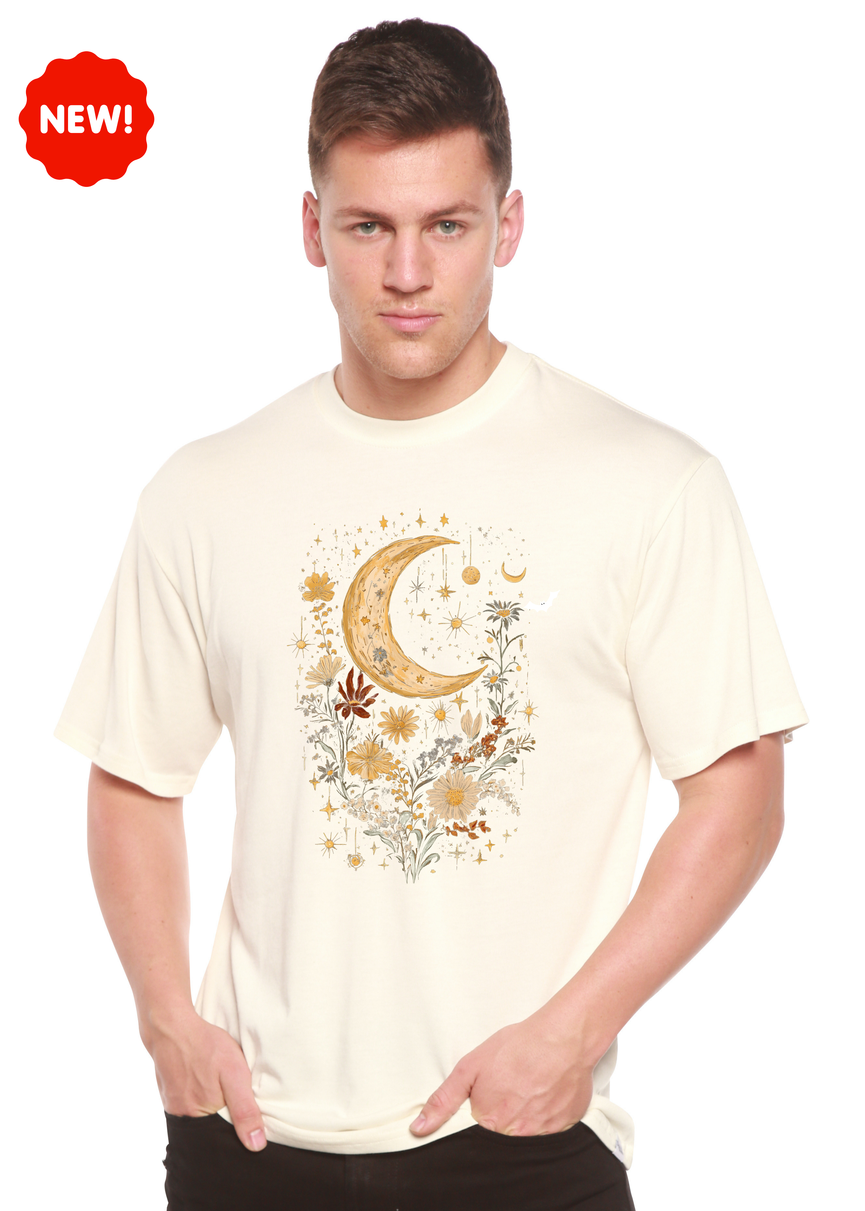 Camiseta gráfica unisex vintage de bambú/algodón con flores bohemias de luna celestial