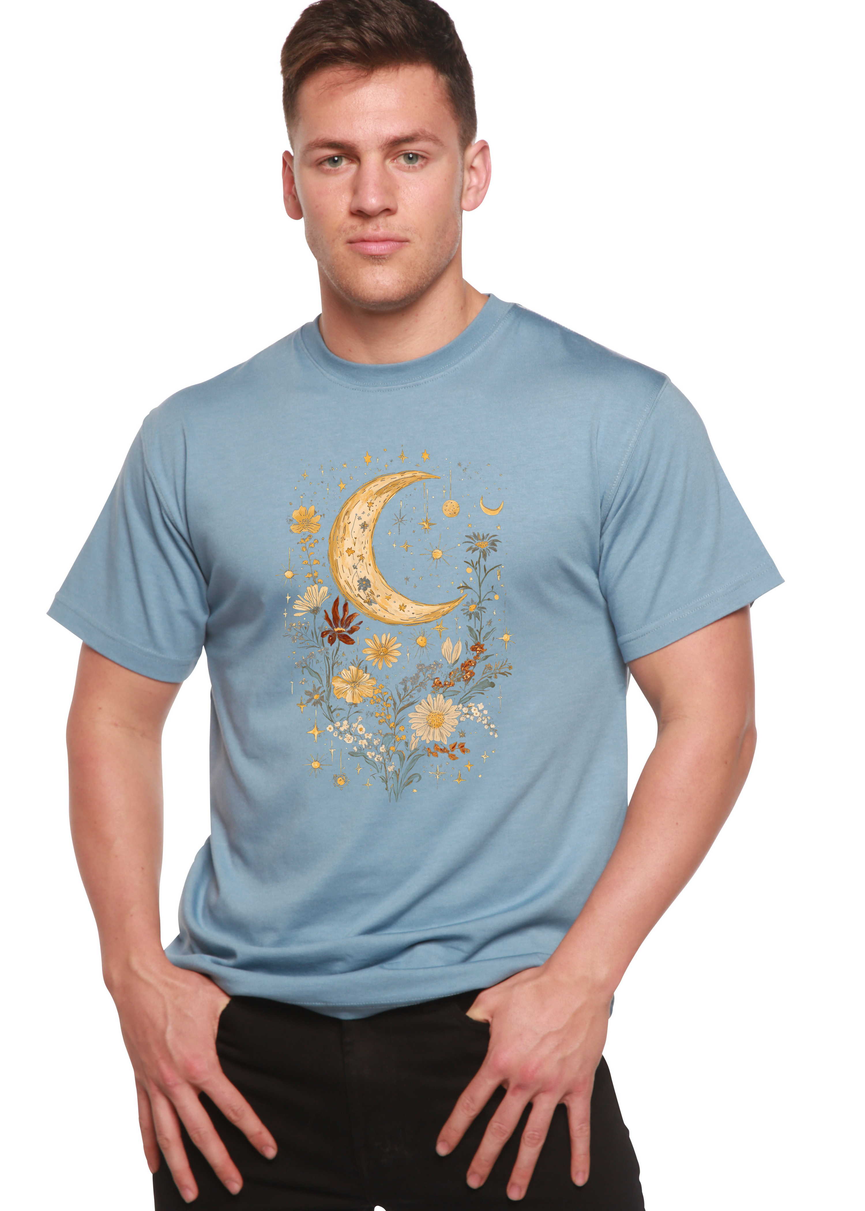 Camiseta gráfica unisex vintage de bambú/algodón con flores bohemias de luna celestial