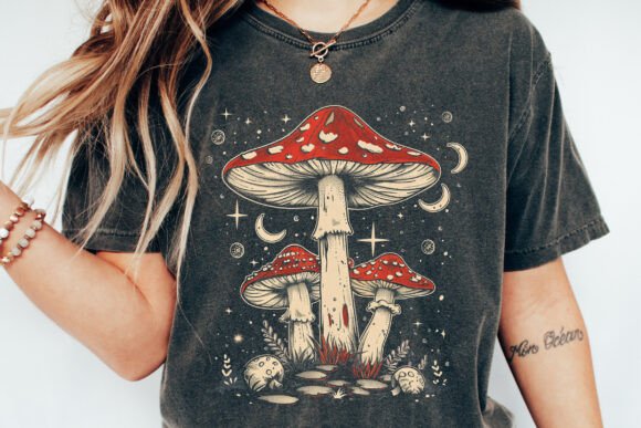 Camiseta gráfica unisex de bambú/algodón "Boho Retro Hippie Mushrooms Natural"