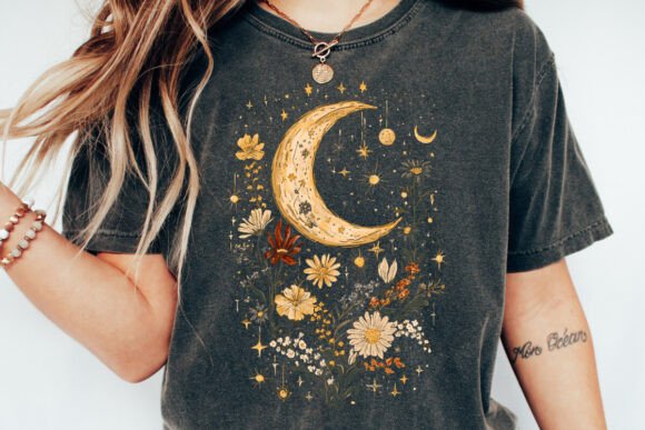 Camiseta gráfica unisex vintage de bambú/algodón con flores bohemias de luna celestial